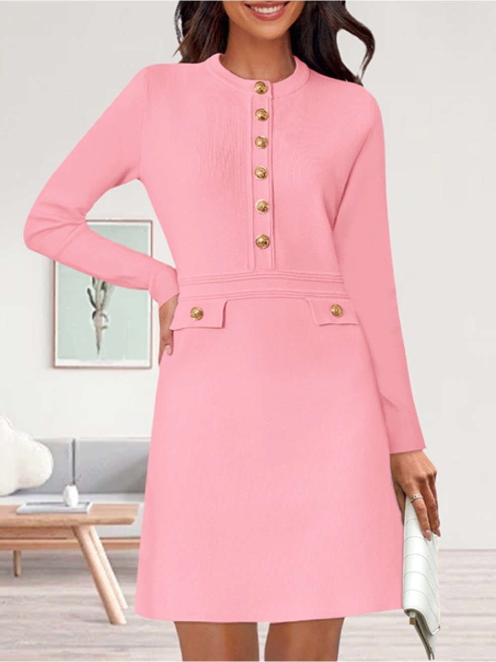 Nenona coral pink bodycon knit sweater dress gold buttons sz S, preppy Barbie